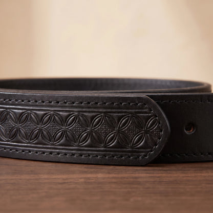 Close-up of the floral embossed strap and stitching