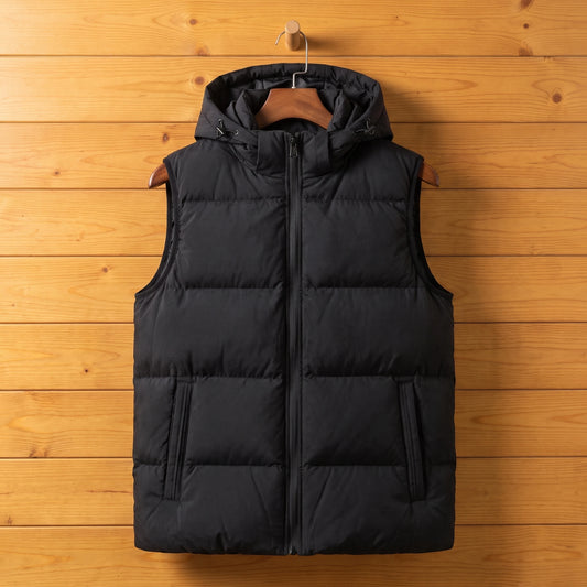 Black hooded puffer vest on a honey wood wall