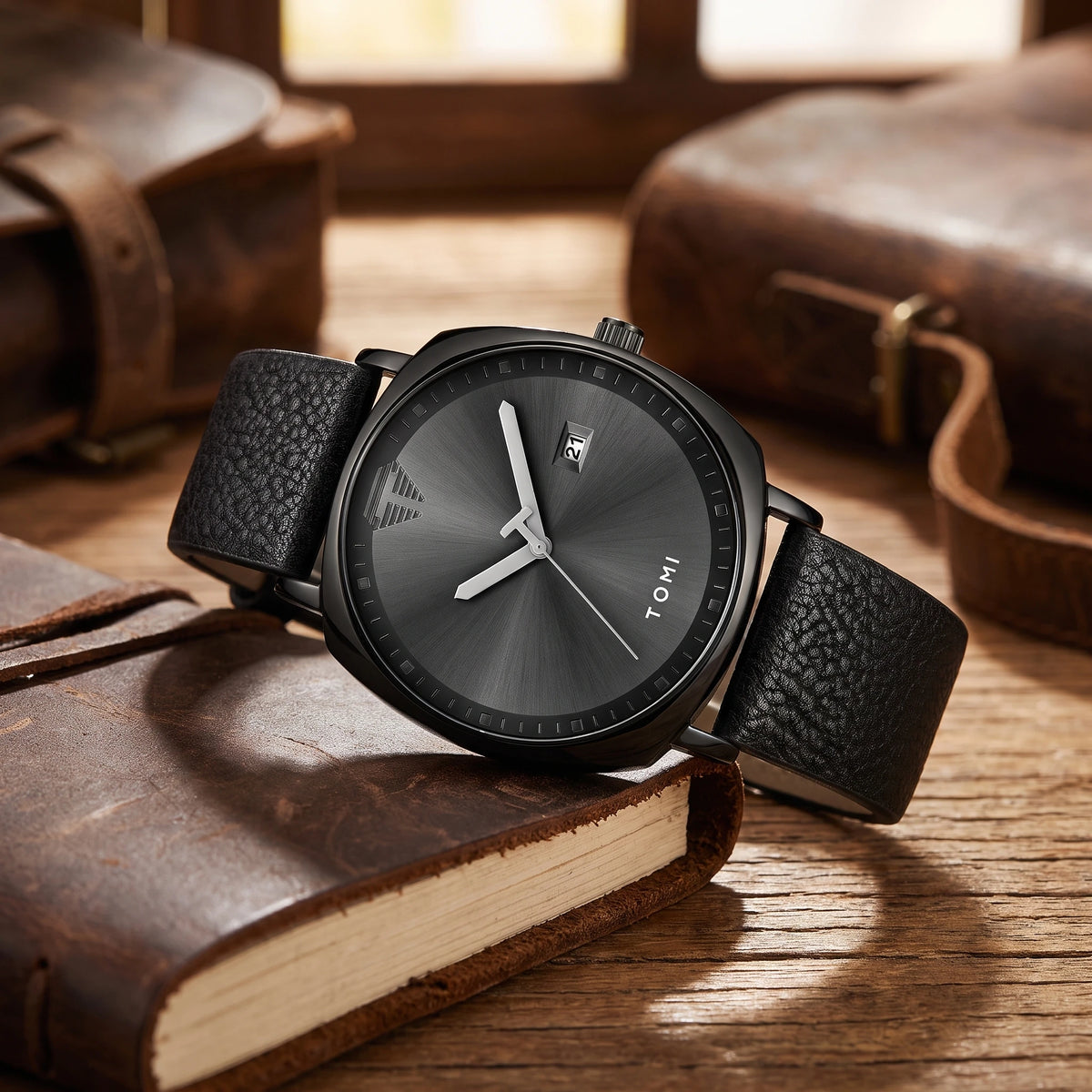 Black men's quartz watch with a black leather strap and a date window