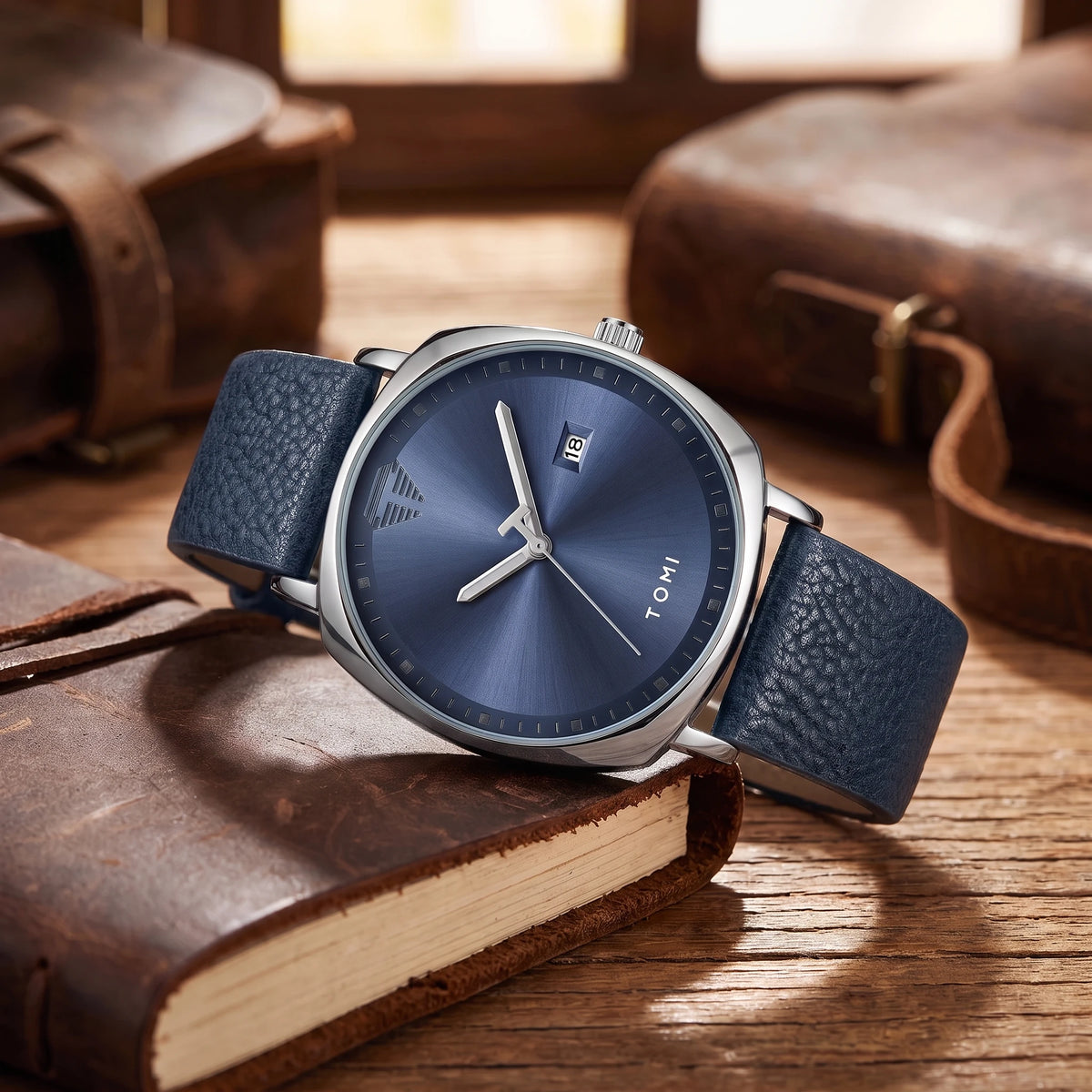 Men's quartz watch with a silver case, blue dial and a blue leather strap