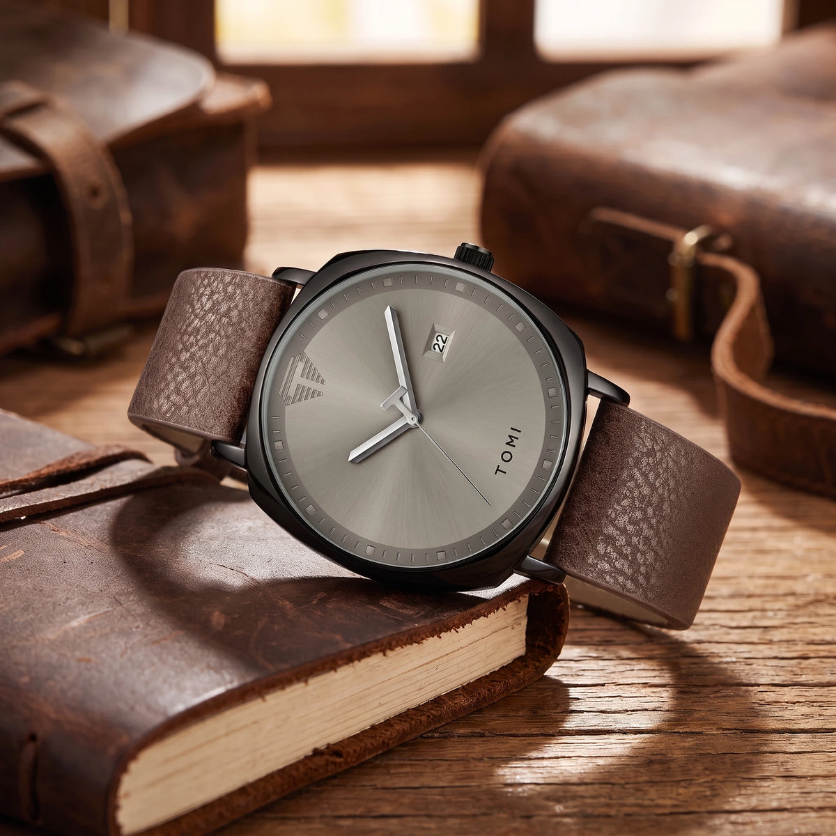 Men's quartz watch with a black case, grey dial and a brown leather strap