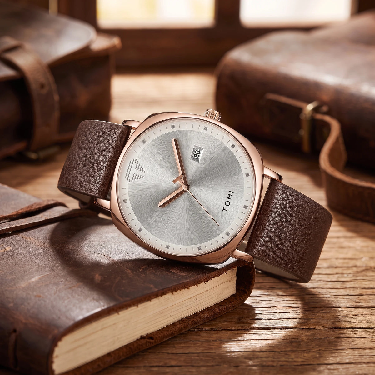 Men's quartz watch with a rose gold case, silver dial and a brown leather strap
