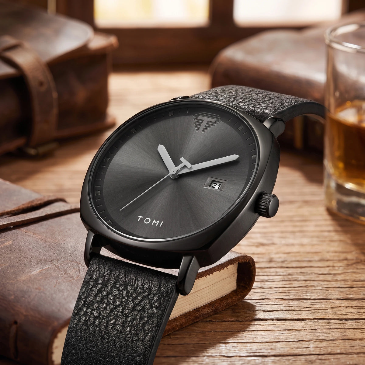 Close up of the dial and date window on the black quartz watch