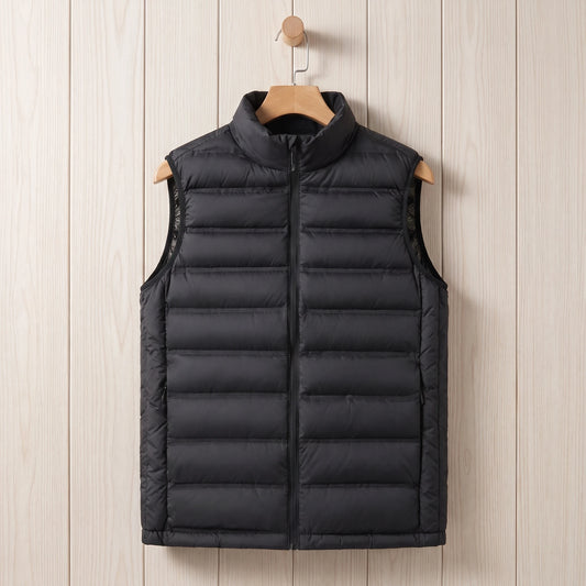 Black lightweight down vest hanging on a wooden hanger