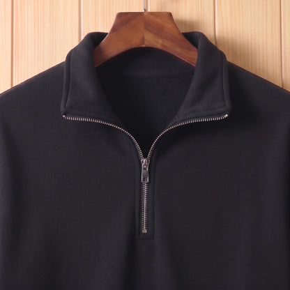 Close-up of the folded collar and silver half zip on the black sweater
