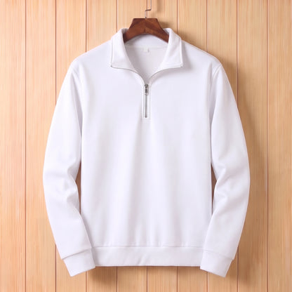 White half zip sweater with a folded collar and ribbed cuffs hanging on a wooden hanger