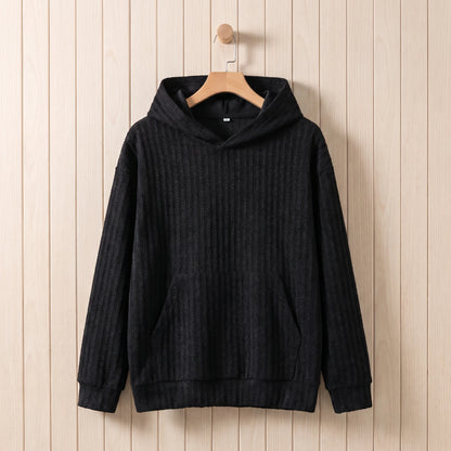 Men's black ribbed knit hooded sweater hanging on a wooden hanger