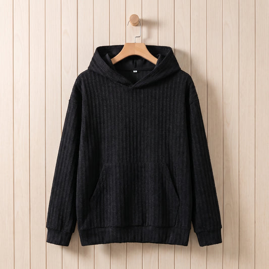 Men's black ribbed knit hooded sweater hanging on a wooden hanger