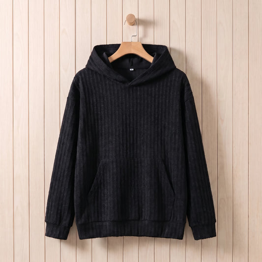 Men's dark grey ribbed knit hooded sweater hanging on a wooden hanger