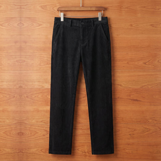 Black straight corduroy trousers hanging on a cherry wood wall