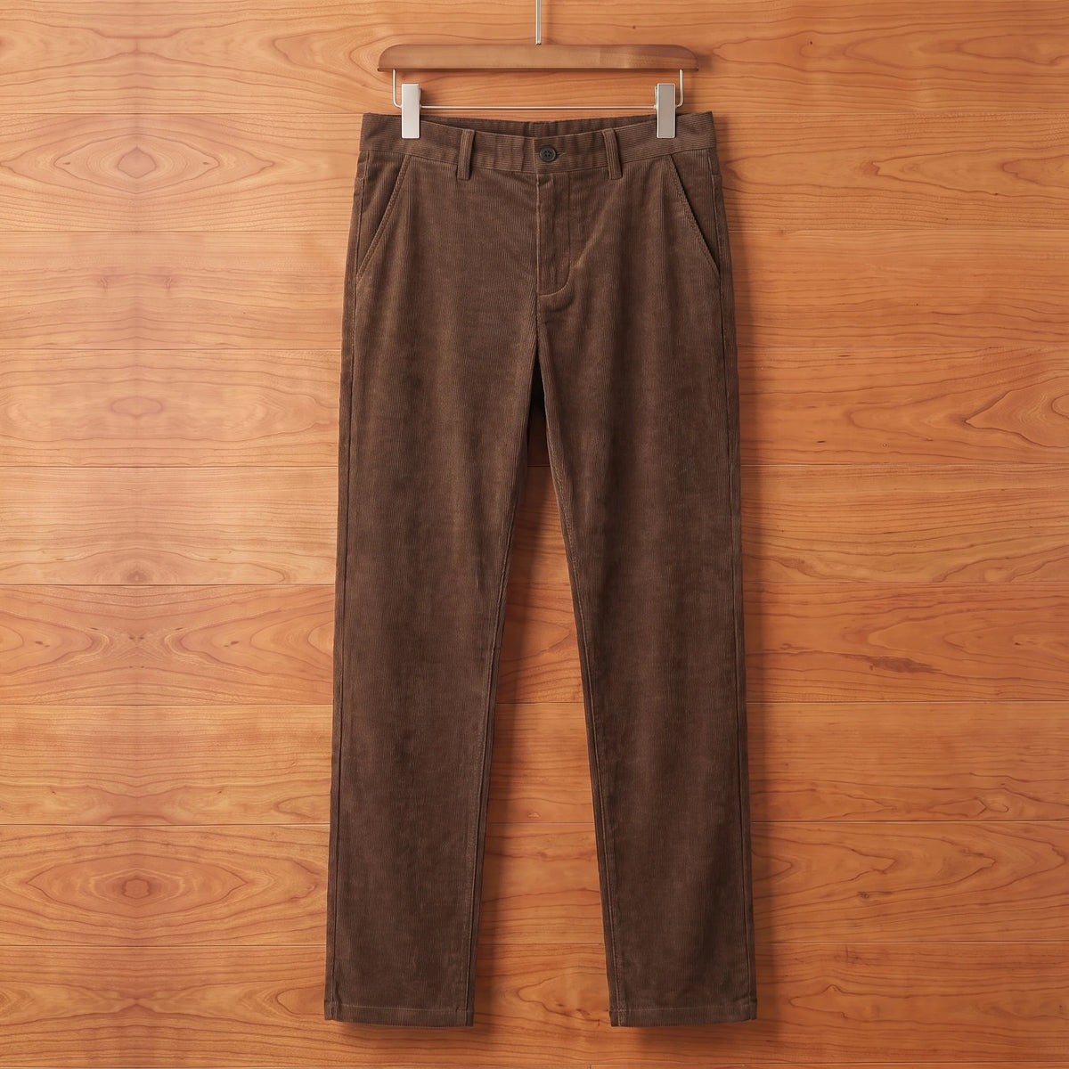 Brown straight corduroy trousers hanging on a cherry wood wall
