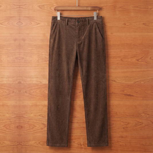 Brown straight corduroy trousers hanging on a cherry wood wall