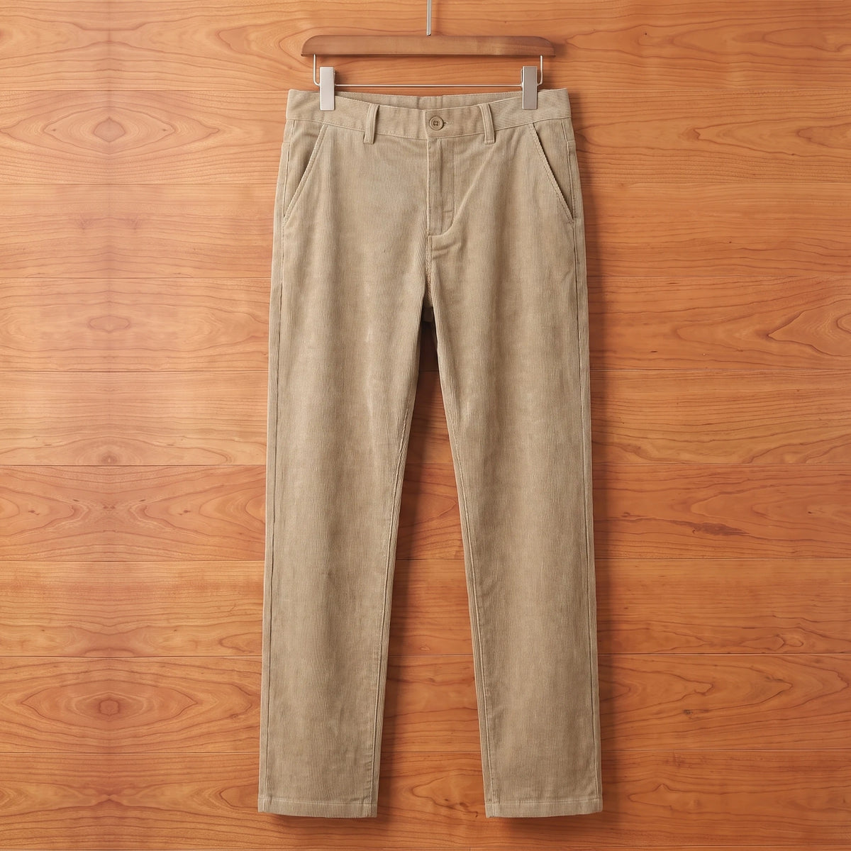 Khaki straight corduroy trousers hanging on a cherry wood wall