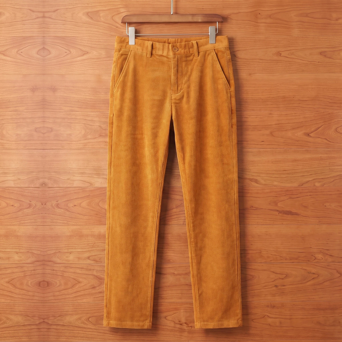 Orange straight corduroy trousers hanging on a cherry wood wall