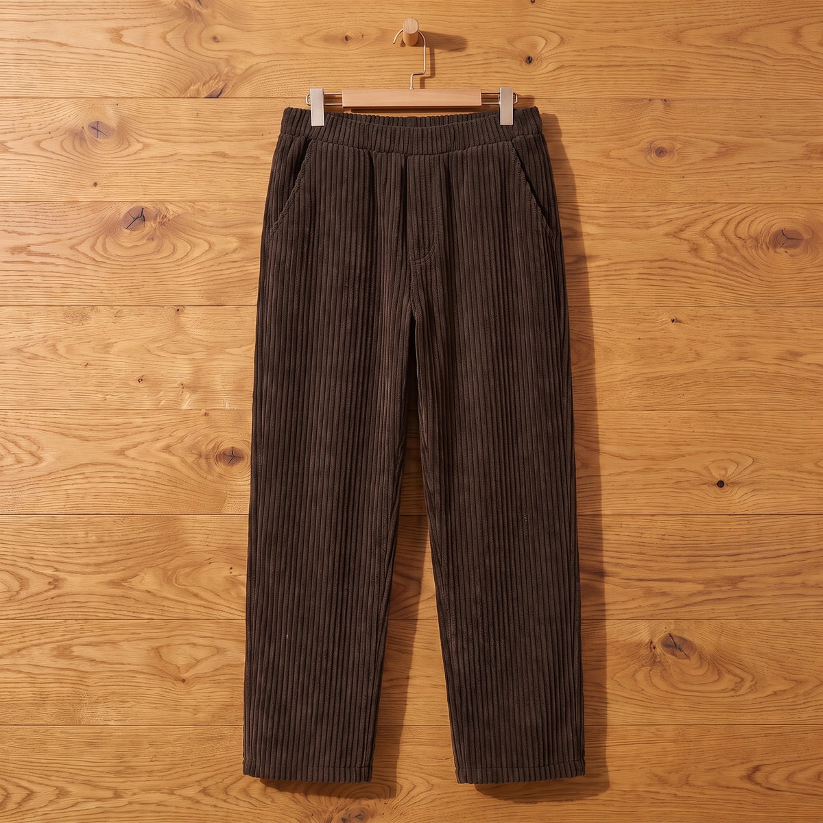 Brown thick rib corduroy trousers hanging on an oak wall