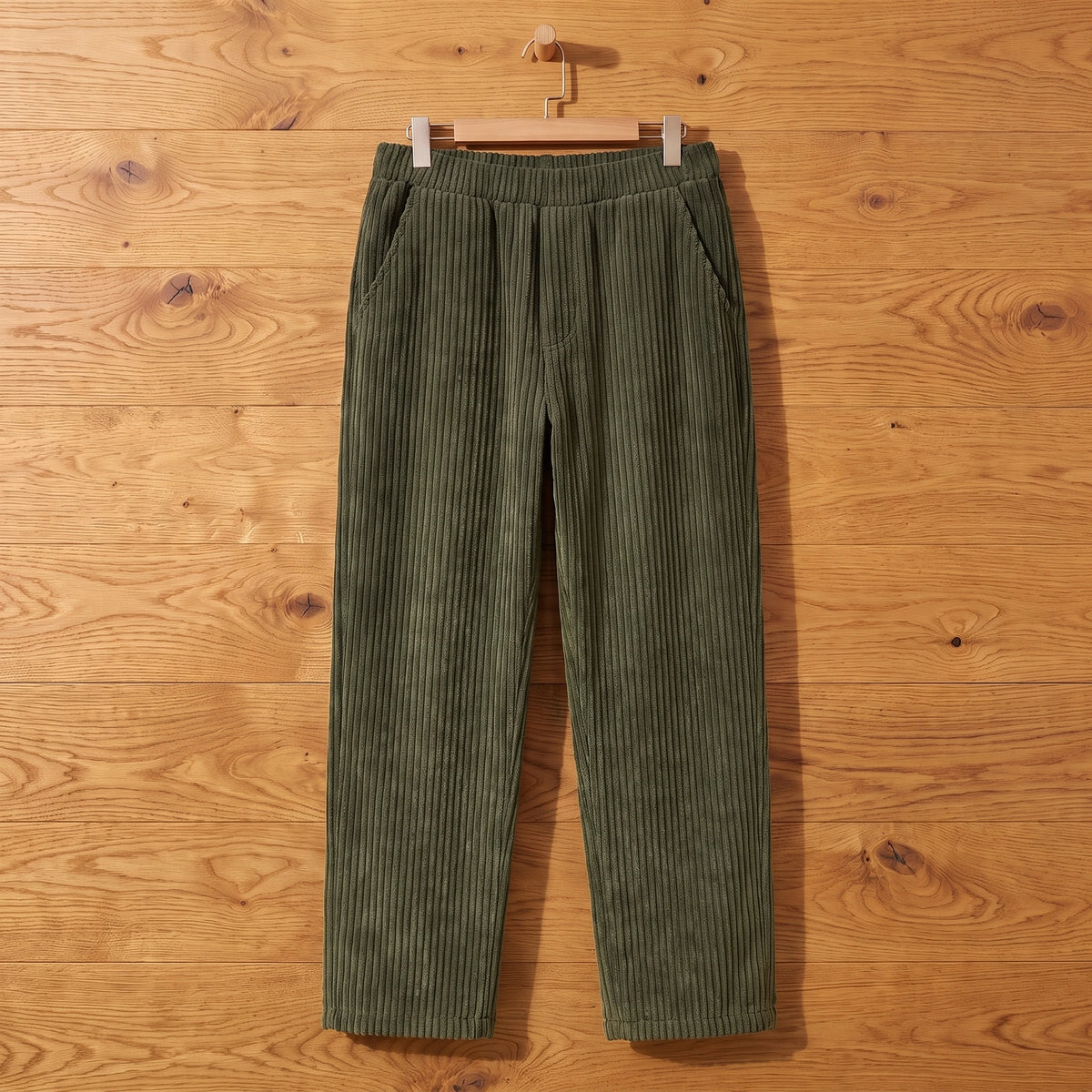 Green thick rib corduroy trousers hanging on an oak wall