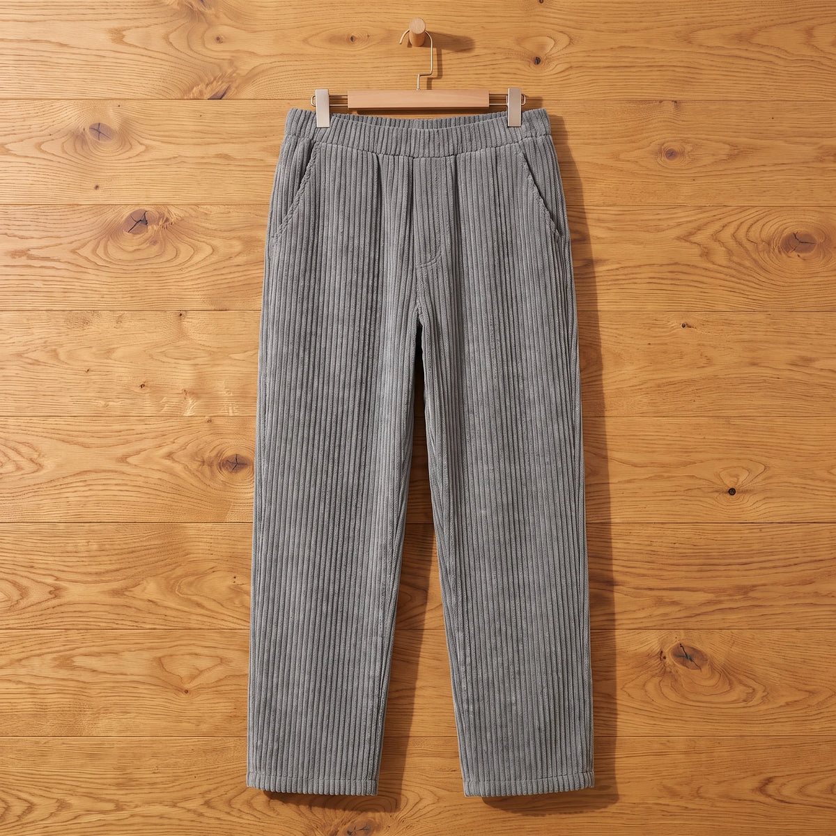 Grey thick rib corduroy trousers hanging on an oak wall