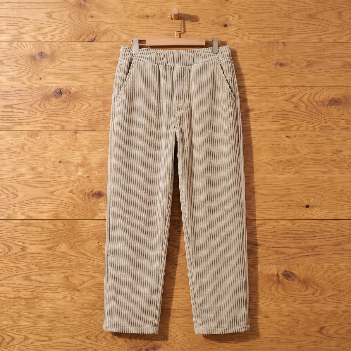 Khaki thick rib corduroy trousers hanging on an oak wall