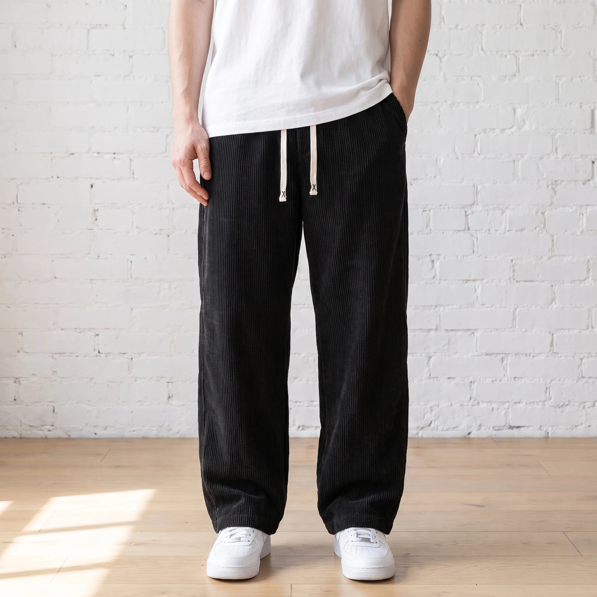Black wide corduroy trousers with a white drawstring worn with a white tee and sneakers