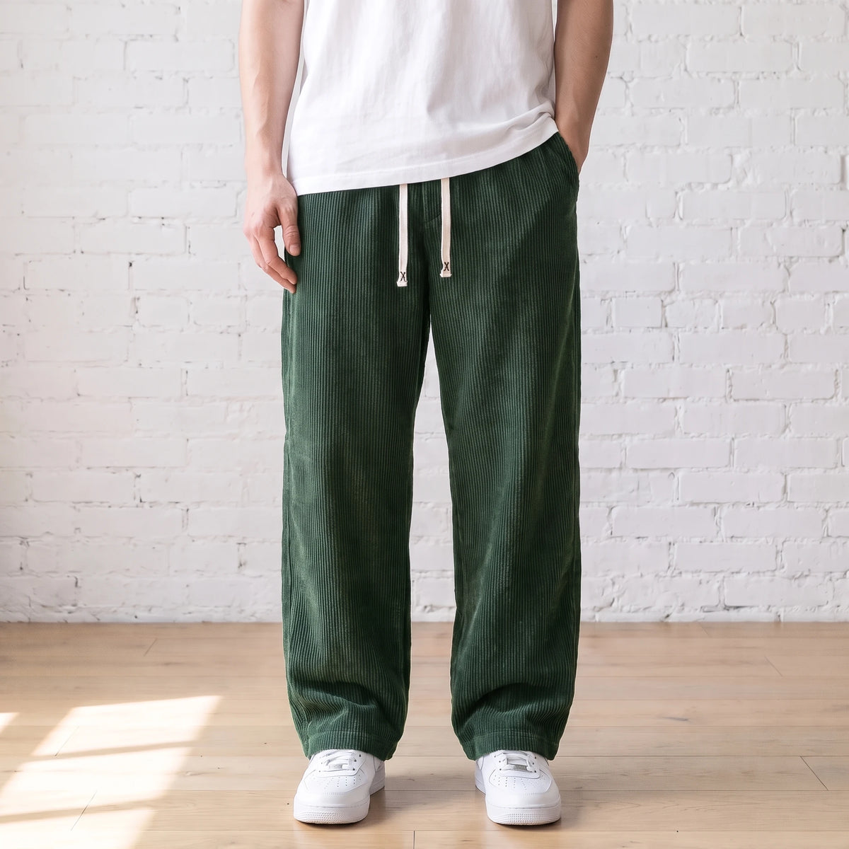 Green wide corduroy trousers with a white drawstring worn with a white tee and sneakers