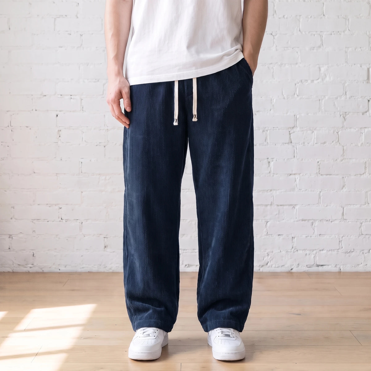 Navy blue wide corduroy trousers with a white drawstring worn with a white tee and sneakers
