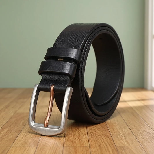 Black cowhide leather belt with a snake-scale pattern and a silver steel pin buckle