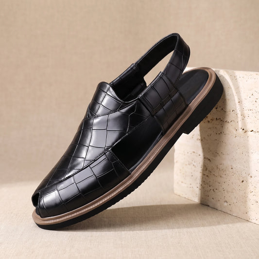 CROC EMBOSSED SANDALS Black