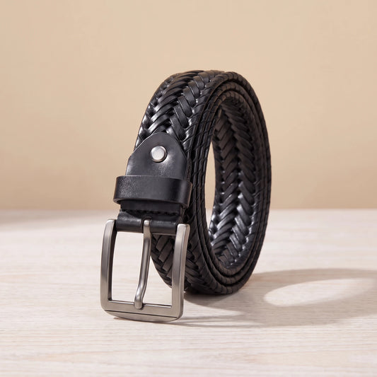 HERRINGBONE LEATHER BELT Black