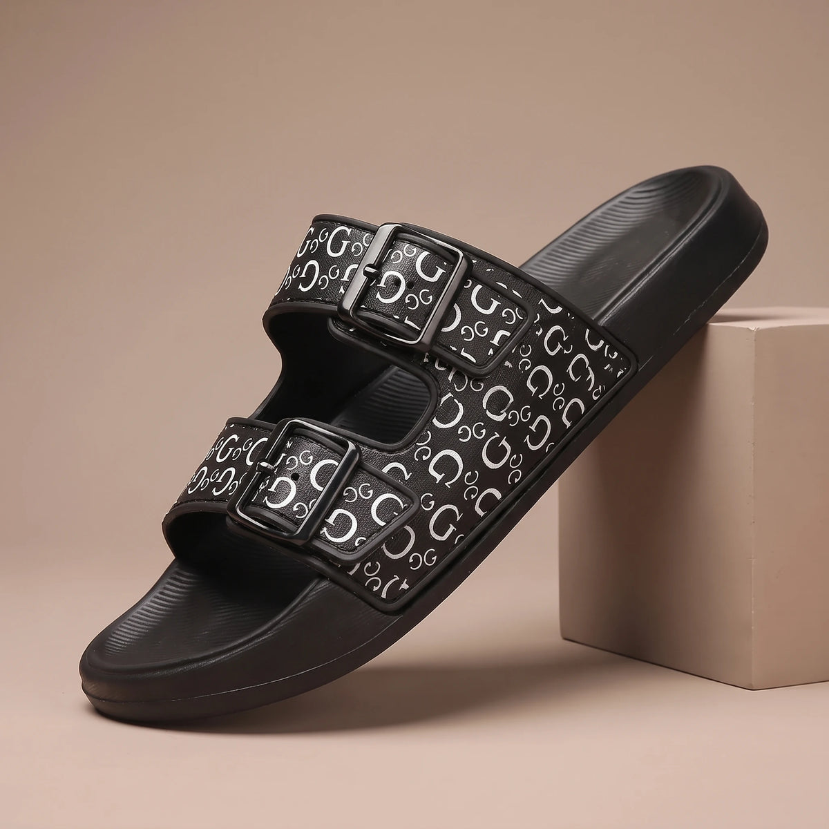 DOUBLE BUCKLE SLIDES Black Print