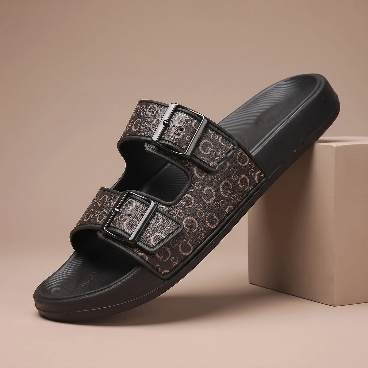 DOUBLE BUCKLE SLIDES Brown Print