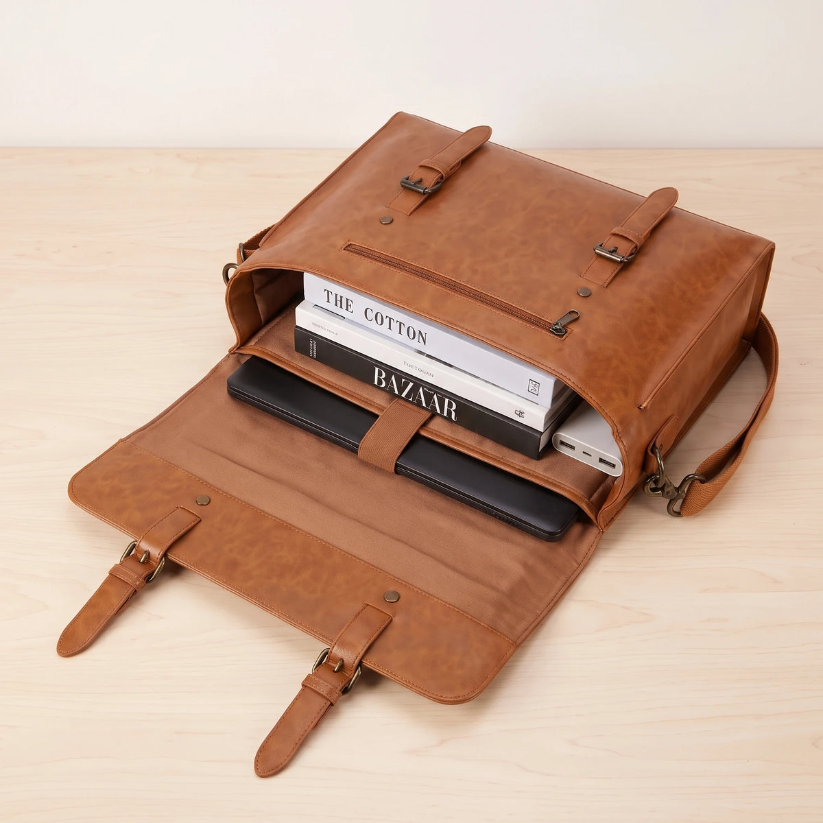 BUCKLE FLAP MESSENGER BAG open with laptop and books