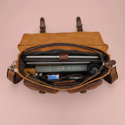 CLASSIC LEATHER BRIEFCASE open with laptop section