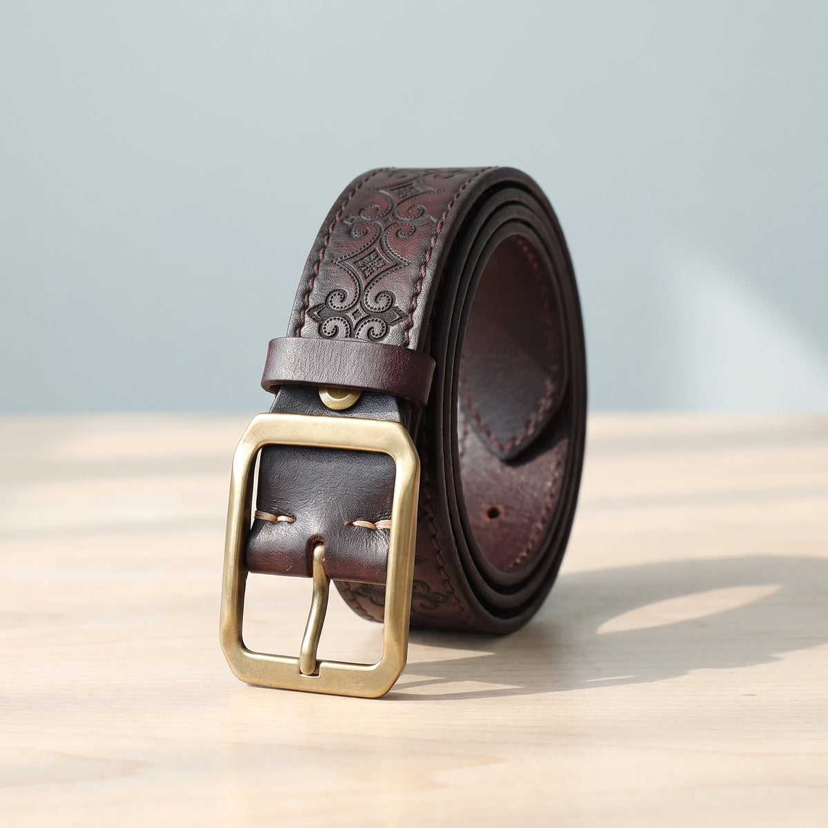 EMBOSSED COWHIDE BELT Coffee