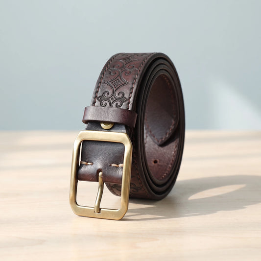 EMBOSSED COWHIDE BELT Coffee