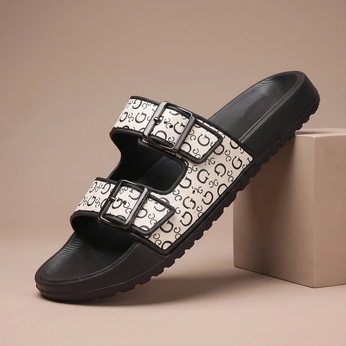 DOUBLE BUCKLE SLIDES Cream Print