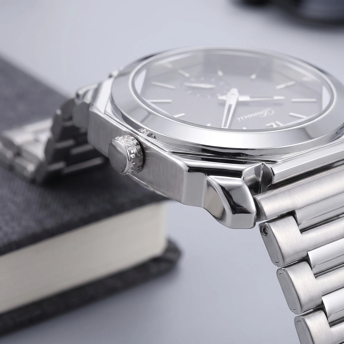 OCTAGON STEEL WATCH crown and bezel close-up