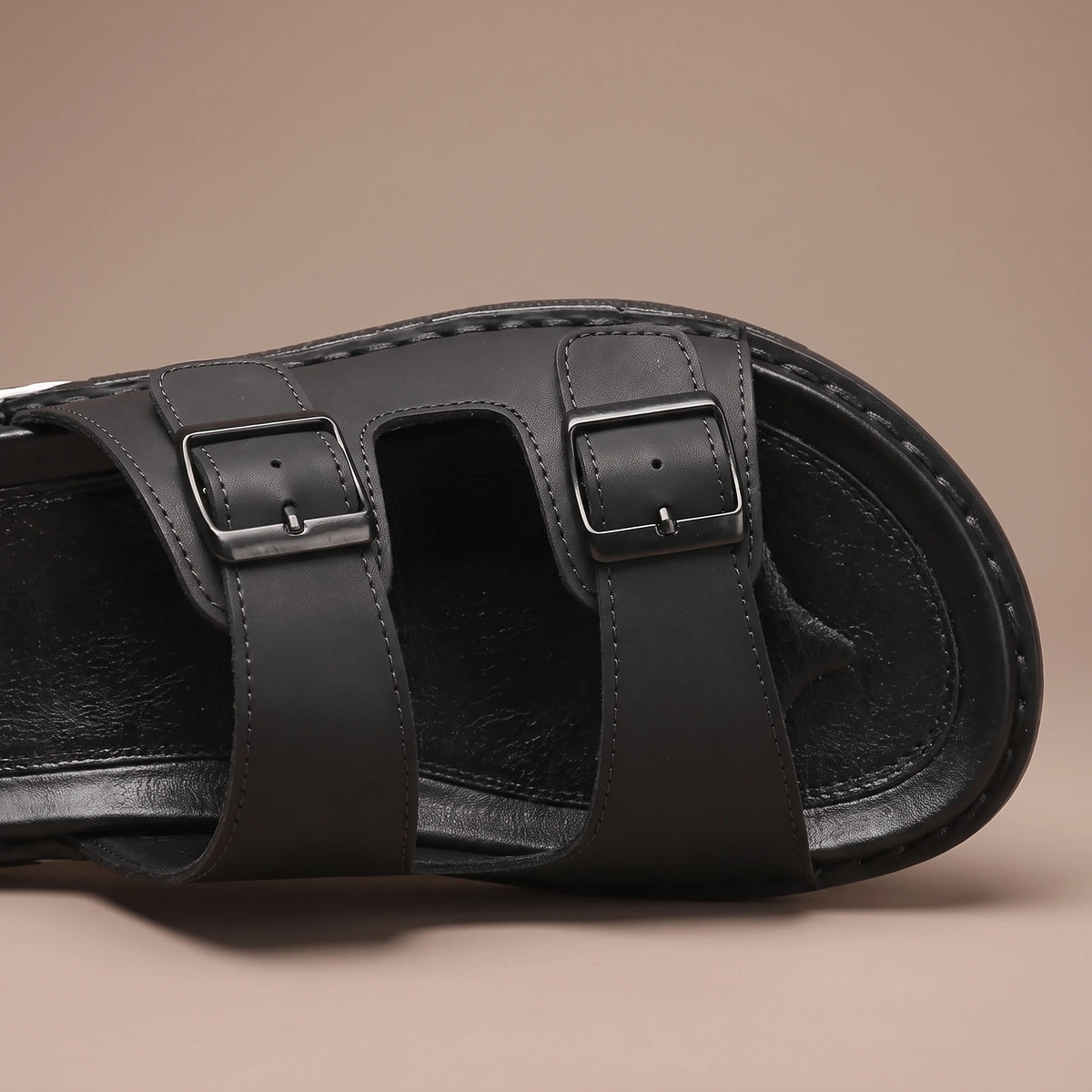 DOUBLE BUCKLE SLIDES strap and buckle close-up