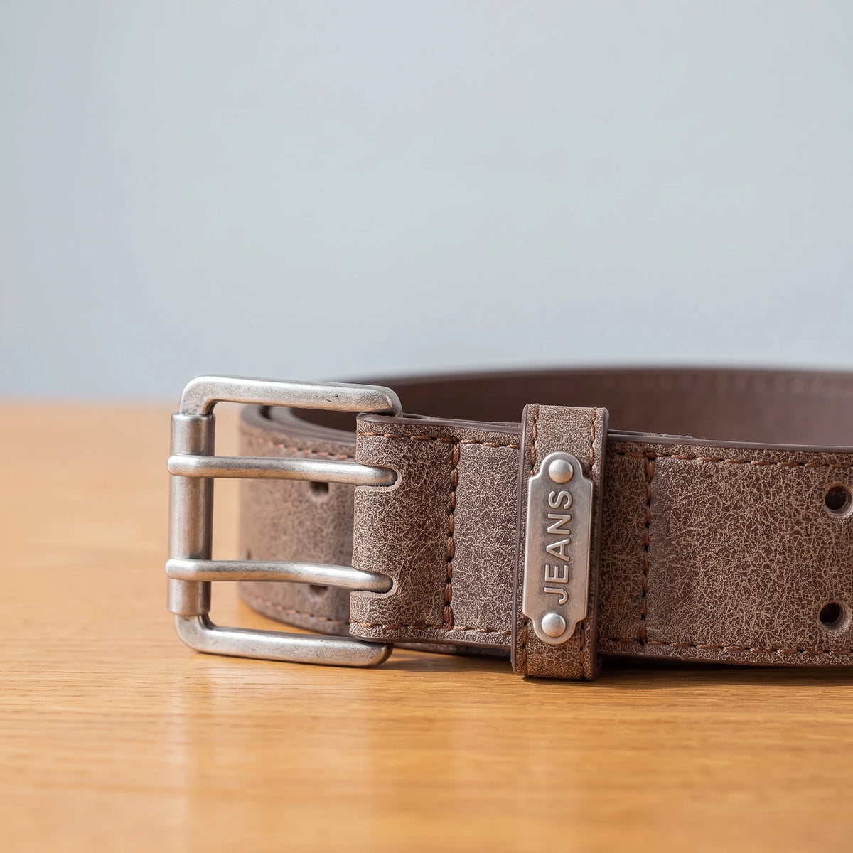 RETRO DOUBLE PIN BELT buckle and keeper plate close-up