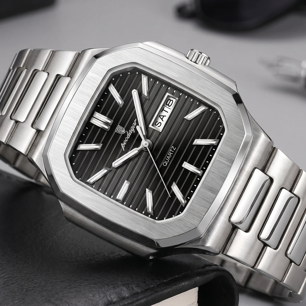 SQUARE STEEL WATCH dial close-up