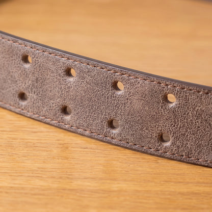 RETRO DOUBLE PIN BELT worn finish and holes close-up