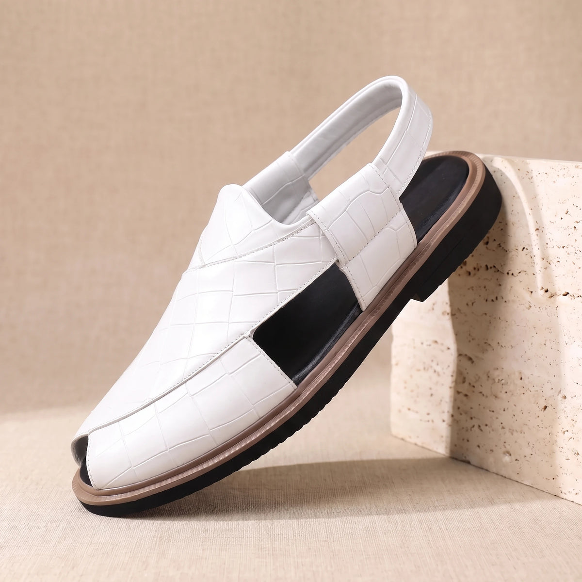 CROC EMBOSSED SANDALS White